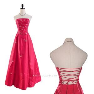 Vintage Morgan Co Prom Dress Maxi Gown 4 Pink Red Y2K Fairy Princess Floral Bead